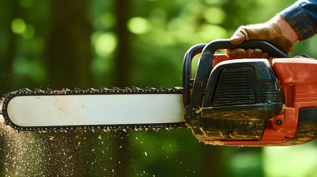 Motorsäge beim Baumfällen im Wald - Nahaufnahme