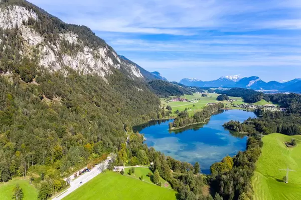 Mountain landscape rich in waters in the Brandenberg Alps in Tyrol. Reintal Lake from above