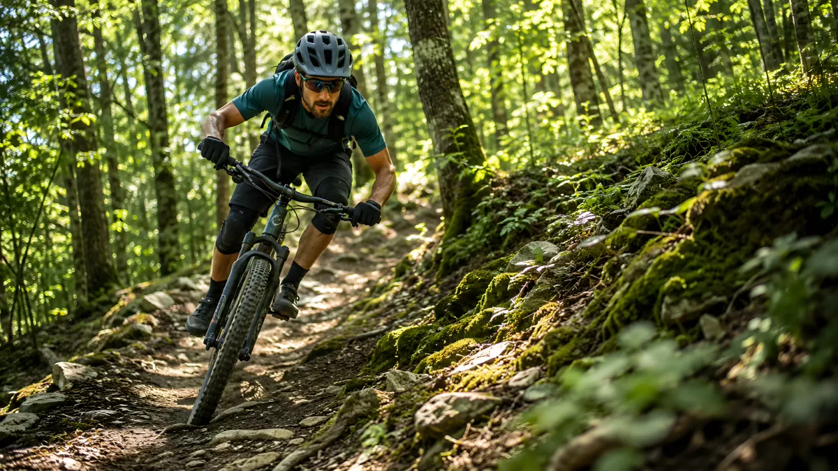 Mountainbiker auf felsigem Waldpfad im Sommer