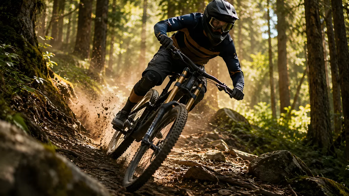 Mountainbiker rast durch sonnendurchfluteten Wald