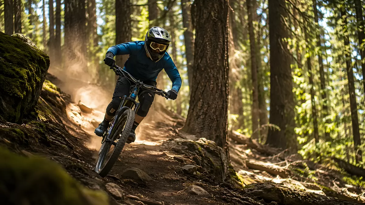 Mountainbiker rast durch sonnigen Nadelwald bergab