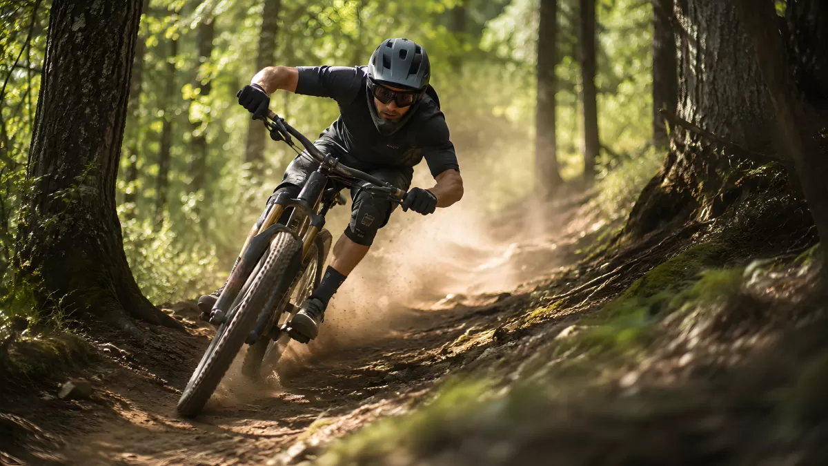 Mountainbiker rast durch sonnigen Waldpfad