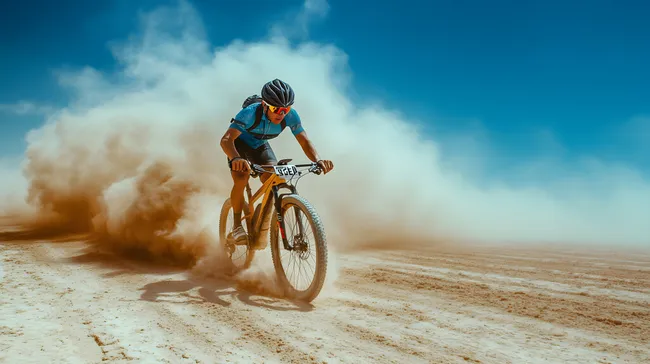 Mountainbiker rast durch staubige Wüste