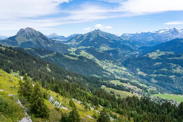 Mountains in south Switzerland with shape peaks and pine trees growing on the slopes