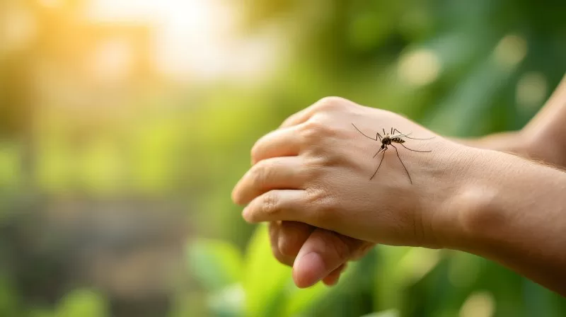 Mücke auf menschlicher Hand im Garten bei Sonnenlicht