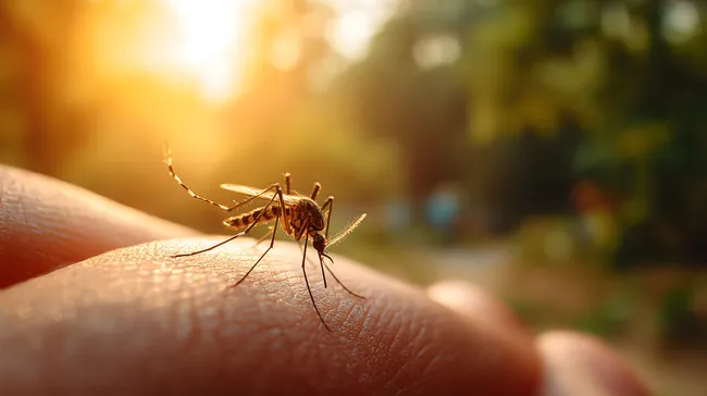 Mücke auf menschlicher Haut bei Sonnenuntergang