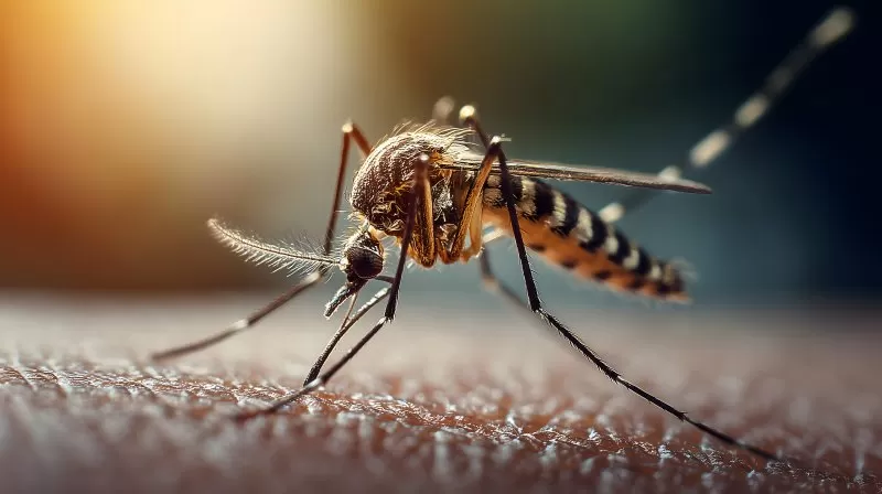 Mücke sticht menschliche Haut in extremer Nahaufnahme