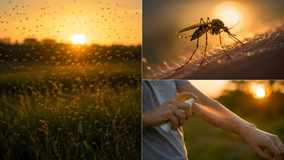 Mückenschwarm bei Sonnenuntergang und Insektenschutz