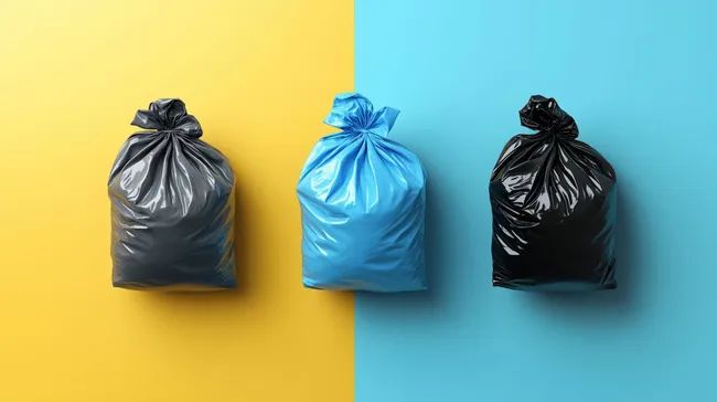 Müllsäcke in Kontrastfarben auf farbigem Hintergrund