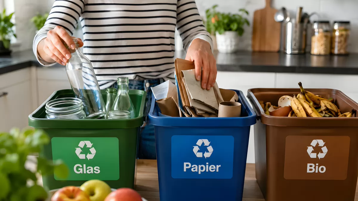 Mülltrennung in der Küche mit drei Recyclingbehältern