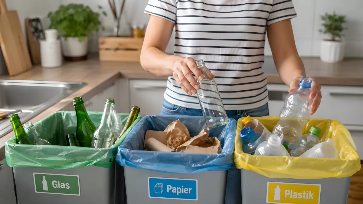 Mülltrennung in der Küche mit drei Tonnen