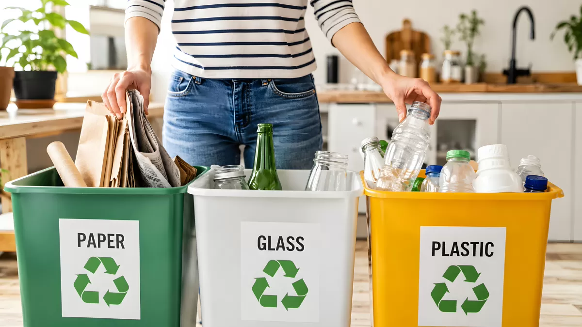 Mülltrennung mit drei Behältern für Papier Glas und Plastik
