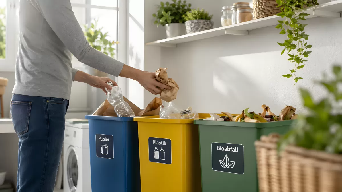 Mülltrennung mit drei Eimern für Papier Plastik Bioabfall