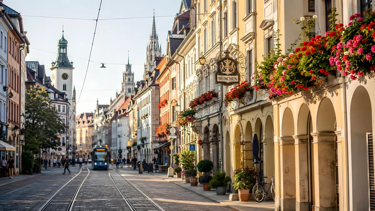 Münchner Altstadt mit Straßenbahn und Blumenschmuck