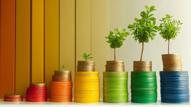 Münzenturm mit wachsenden Pflanzen - Symbolbild für Wachstum und Erfolg