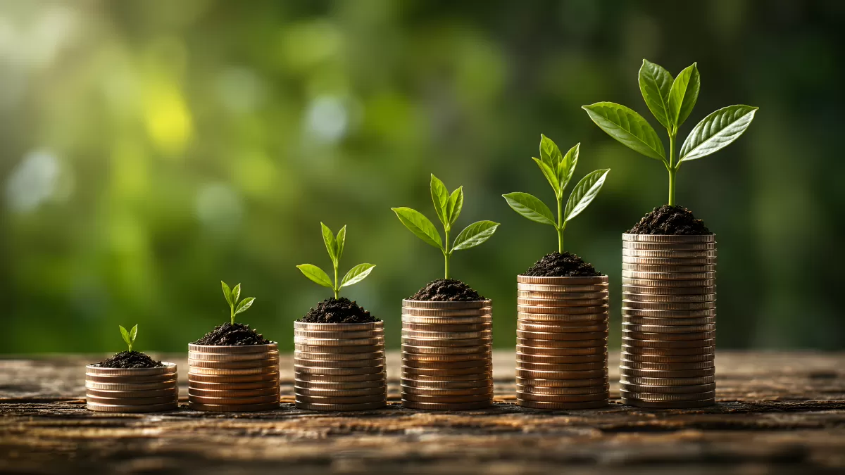 Münzstapel mit wachsenden Pflanzen als Finanzsymbol