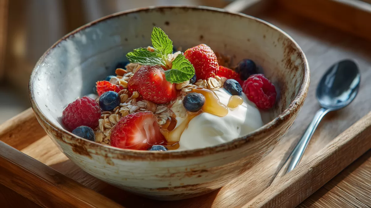 Müsli mit Beeren und Joghurt fo in rustikaler Schale