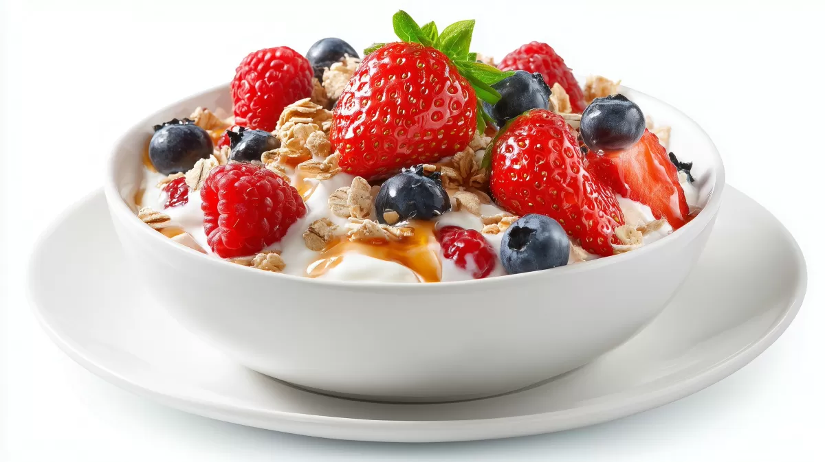 Müsli mit Beeren und Joghurt fo in weißer Schüssel