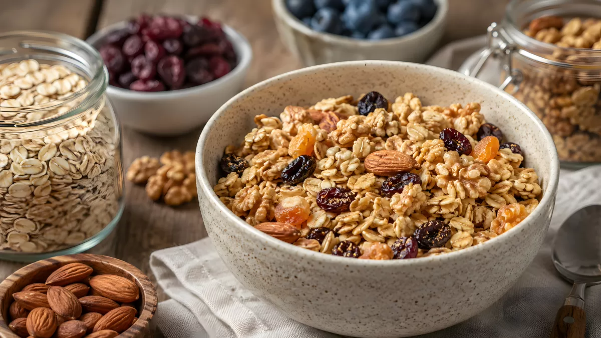 Müsli-Schüssel mit Nüssen und getrockneten Früchten