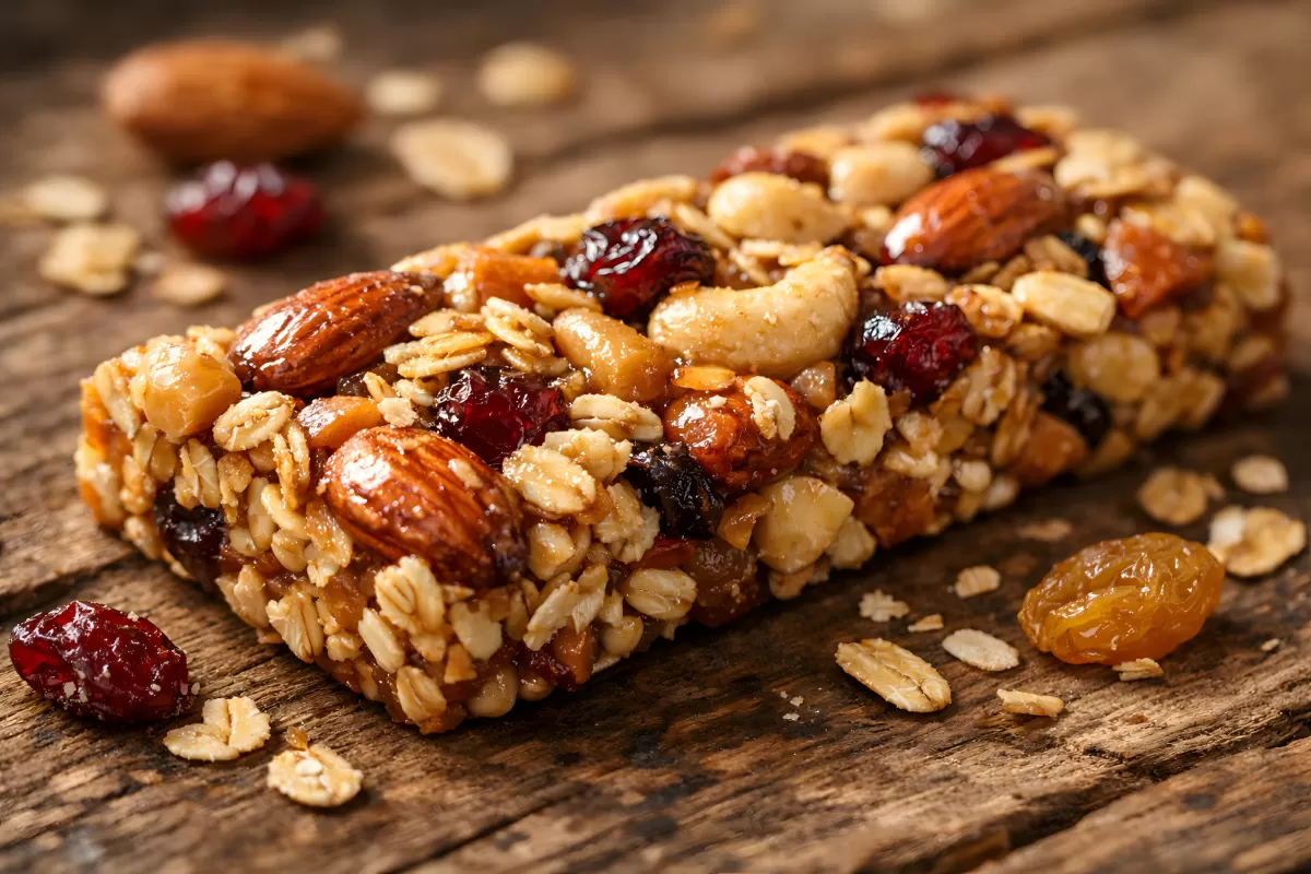 Müsliriegel mit Nüssen und Trockenfrüchten auf Holz