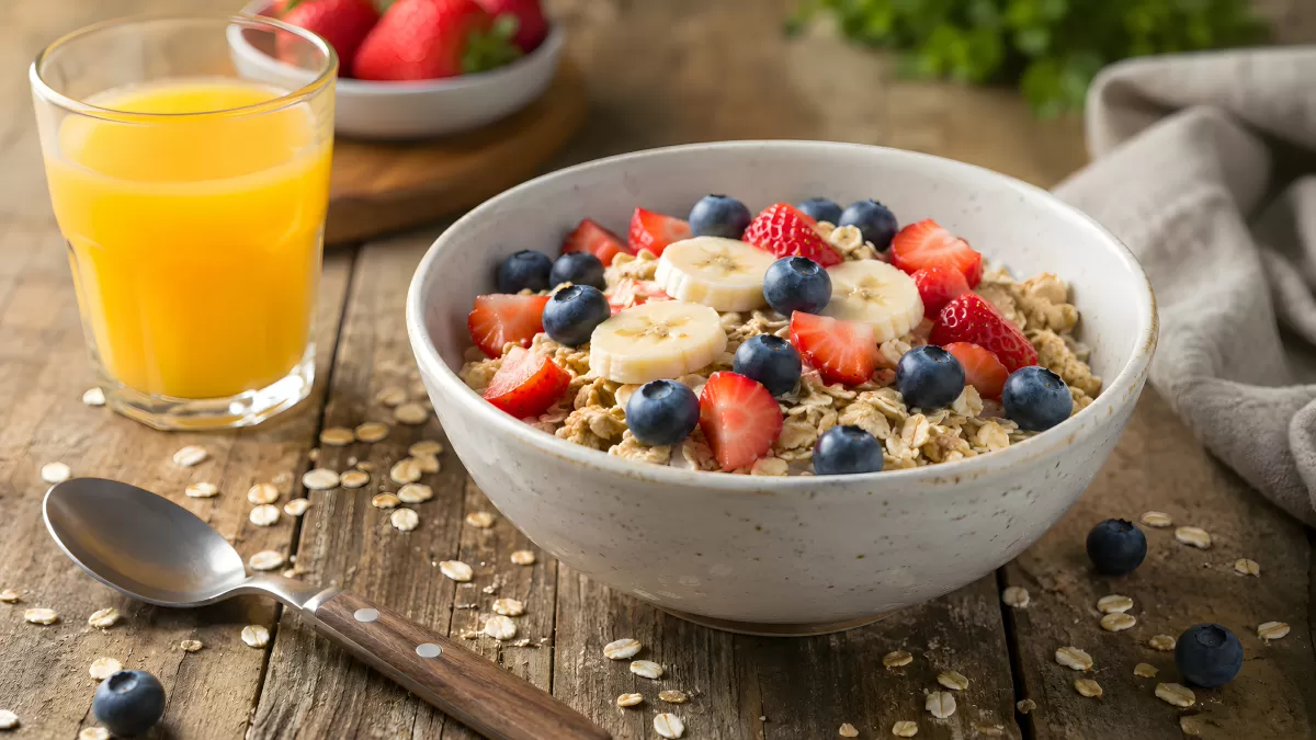 Müslischüssel mit Beeren, Banane und Orangensaft