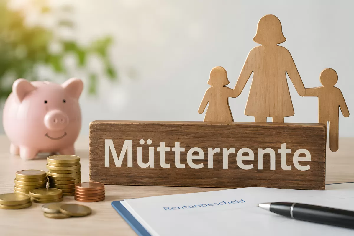 Mütterrente: Holzschild mit Familienfiguren und Sparschwein