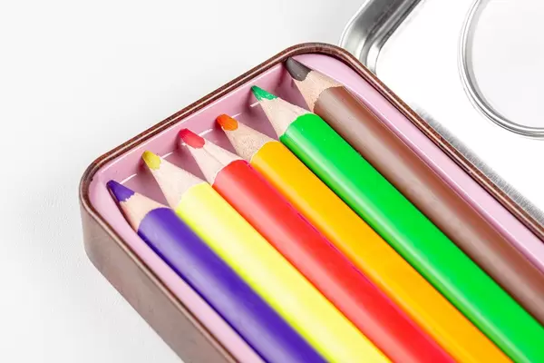 Multi-colored pencils in a pencil case close-up (Flip 2020)