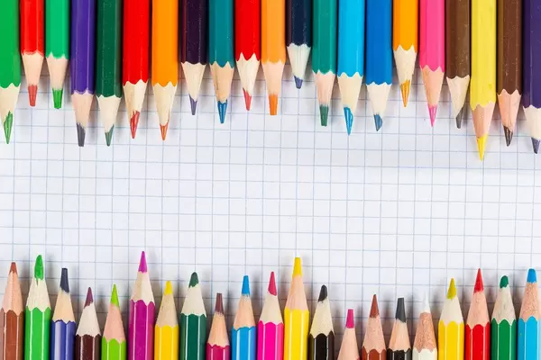 Multi-colored pencils on the background of a sheet of paper in a cage