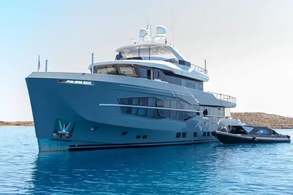 Multi-storey luxury yacht by Performance Motor Yacht Builder Numarine, on the blue sea in the Aegean Sea