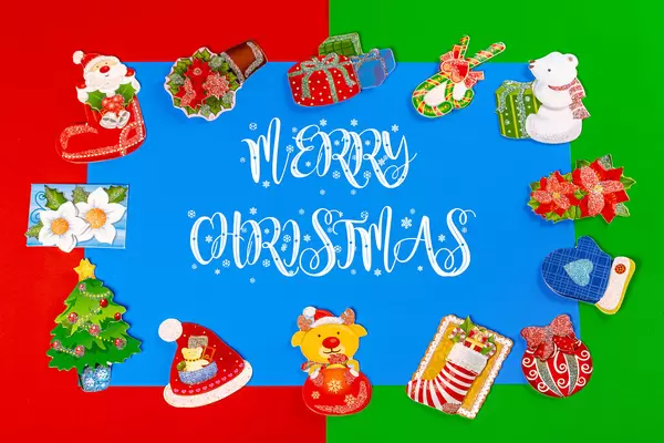 Multicolored greeting christmas card with traditional decor