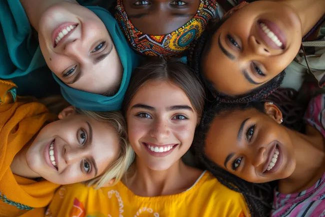 Multikulturelle Mädchengruppe lacht fröhlich