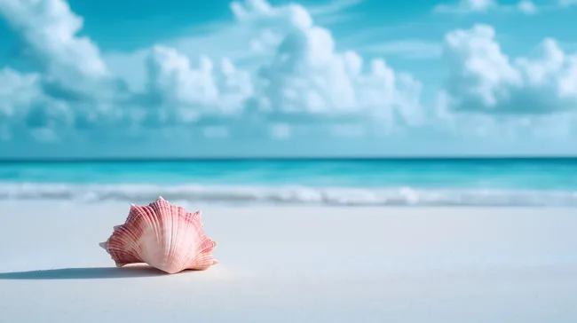 Muschel am tropischen Sandstrand mit türkisfarbenem Meer