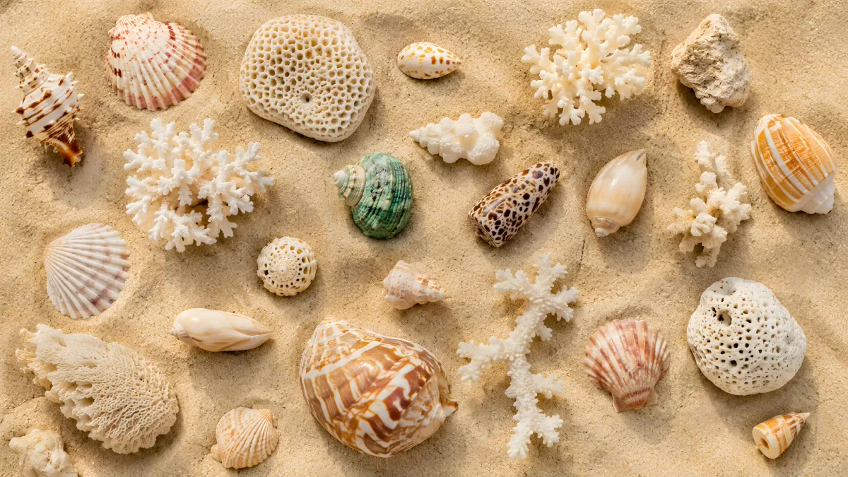 Muscheln und Korallen auf Sand – Strandsammlung