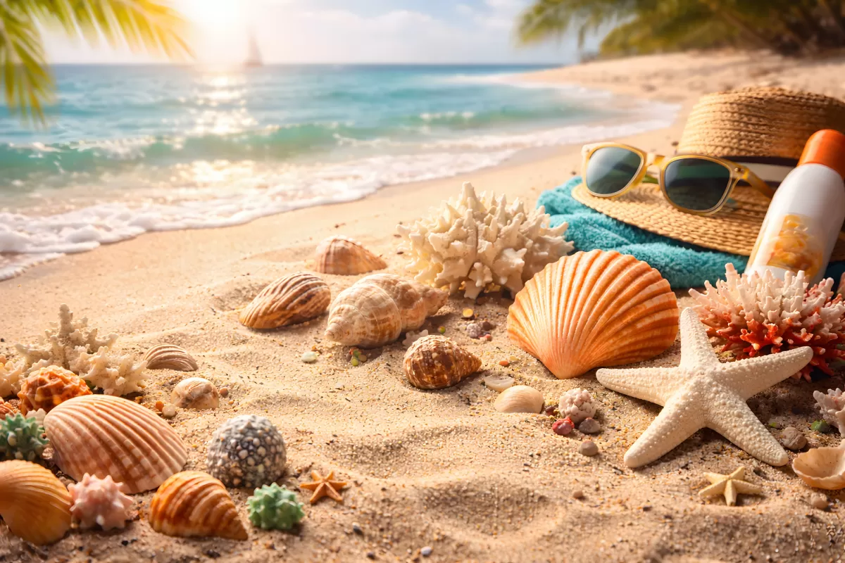 Muscheln und Seestern am sonnigen Sandstrand