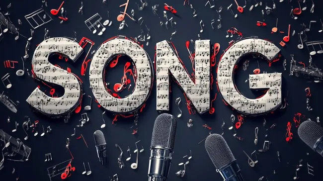 Musikalisches Arrangement mit Notenblattern und Mikrofonen