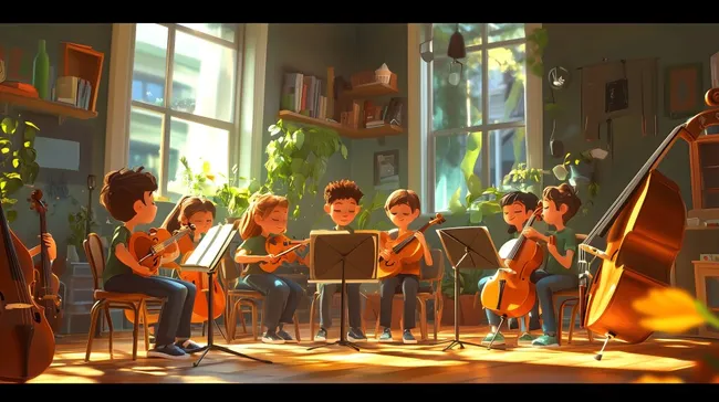 Musikensemble junger Talente in sonnigem Klassenzimmer