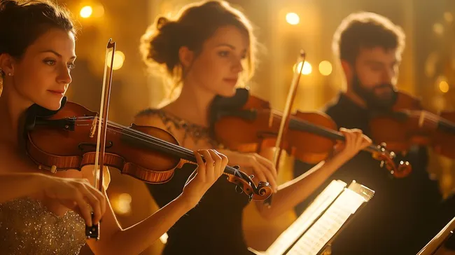 Musiker spielen Violine in einem stimmungsvollen Orchester
