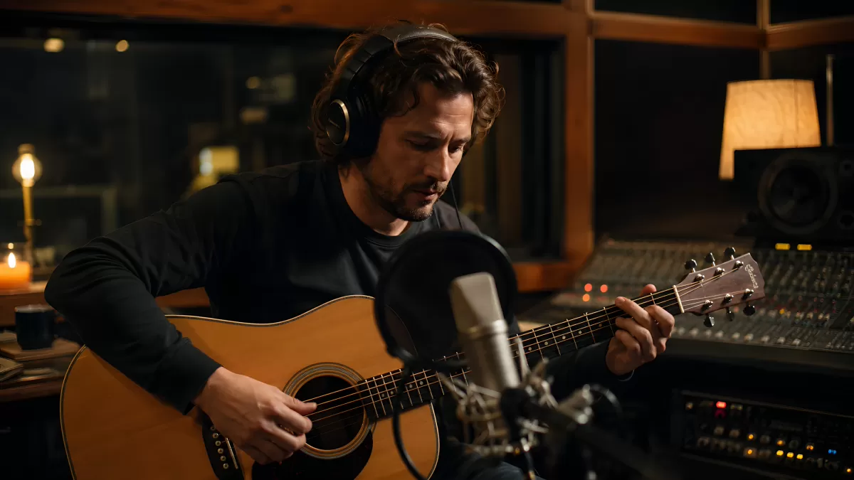 Musiker spielt Akustikgitarre im Aufnahmestudio