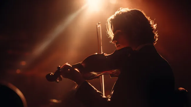 Musiker spielt dramatisch beleuchtete Geige auf der Bühne