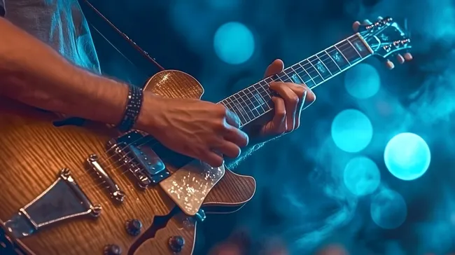 Musiker spielt E-Gitarre auf der Bühne vor Lichteffekten