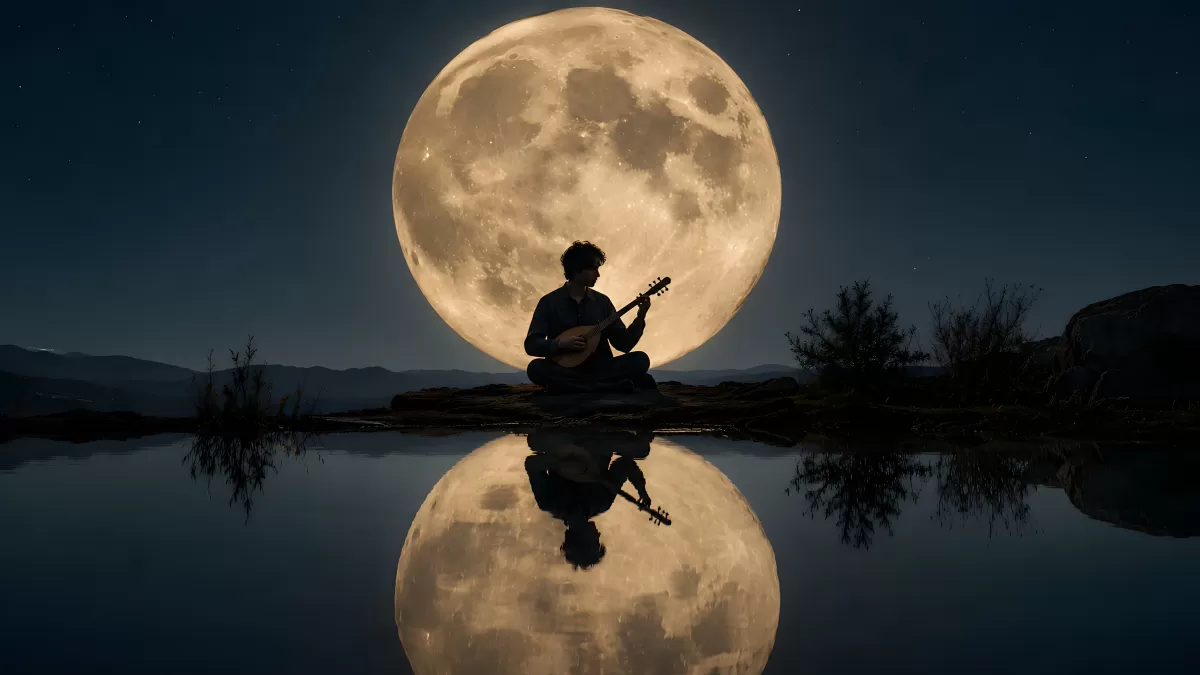 Musiker spielt Laute vor riesigem Vollmond bei Nacht