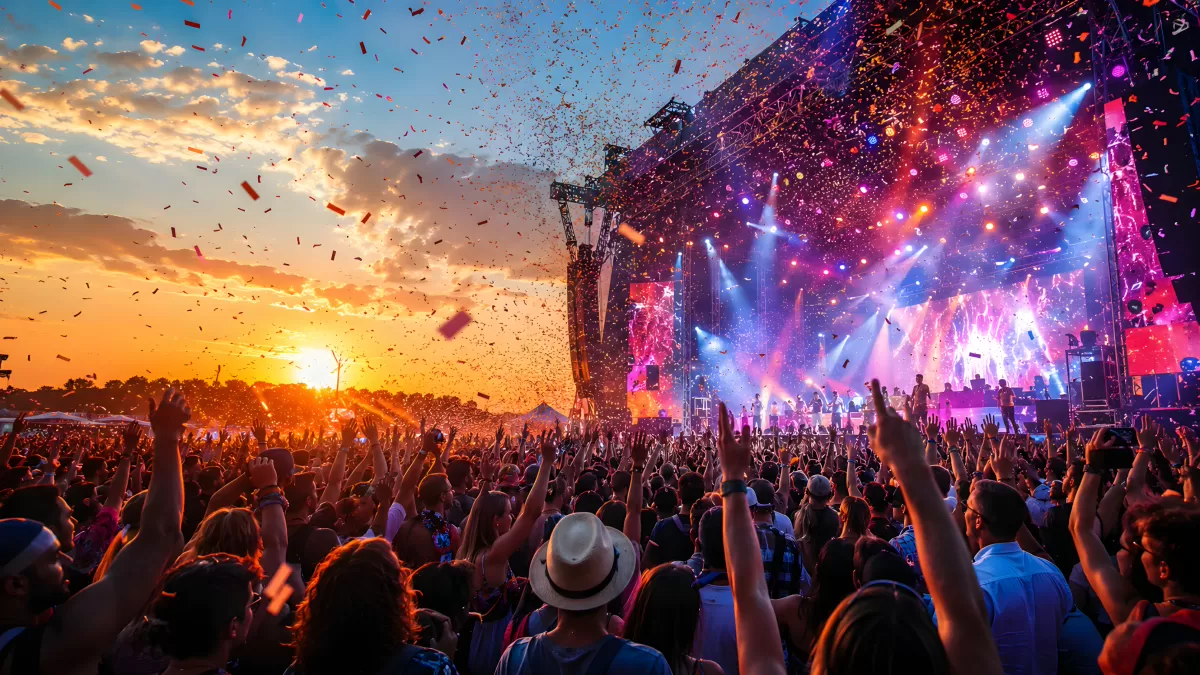 Musikfestival bei Sonnenuntergang mit jubelnder Menge