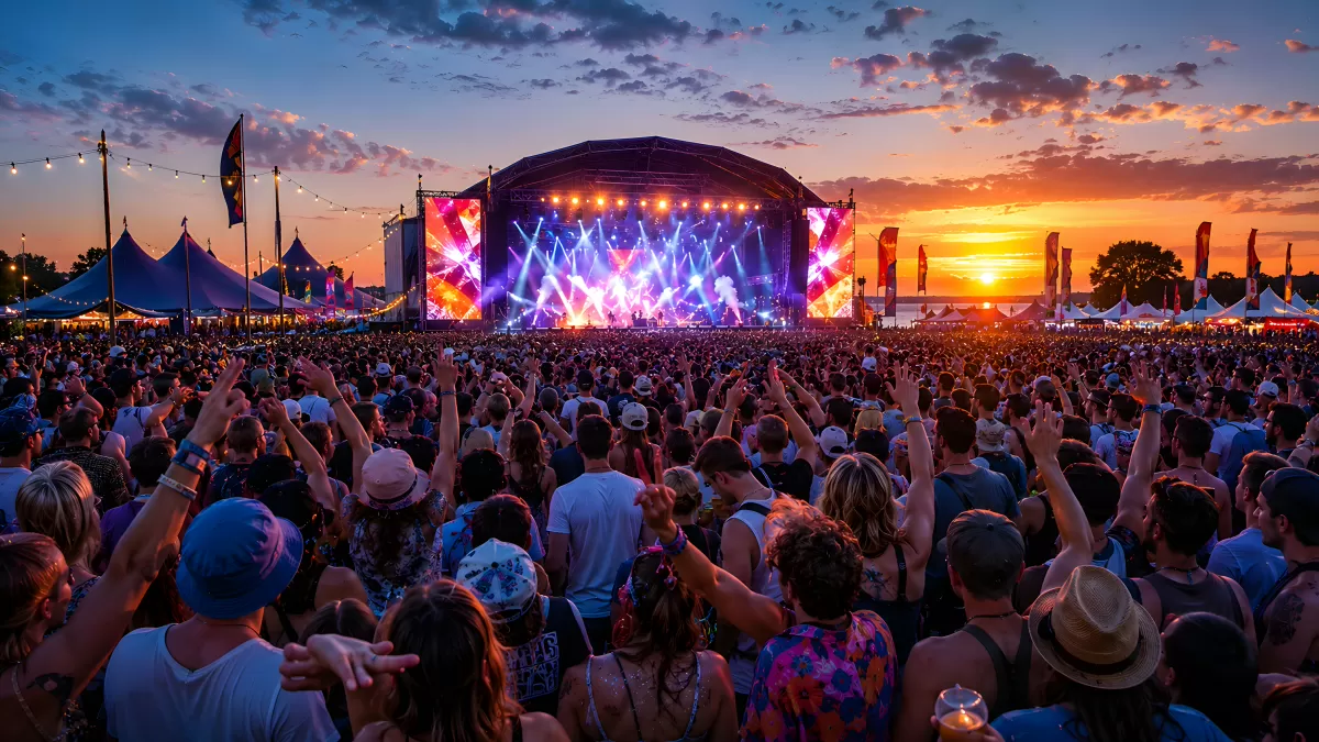 Musikfestival bei Sonnenuntergang mit riesiger Bühne