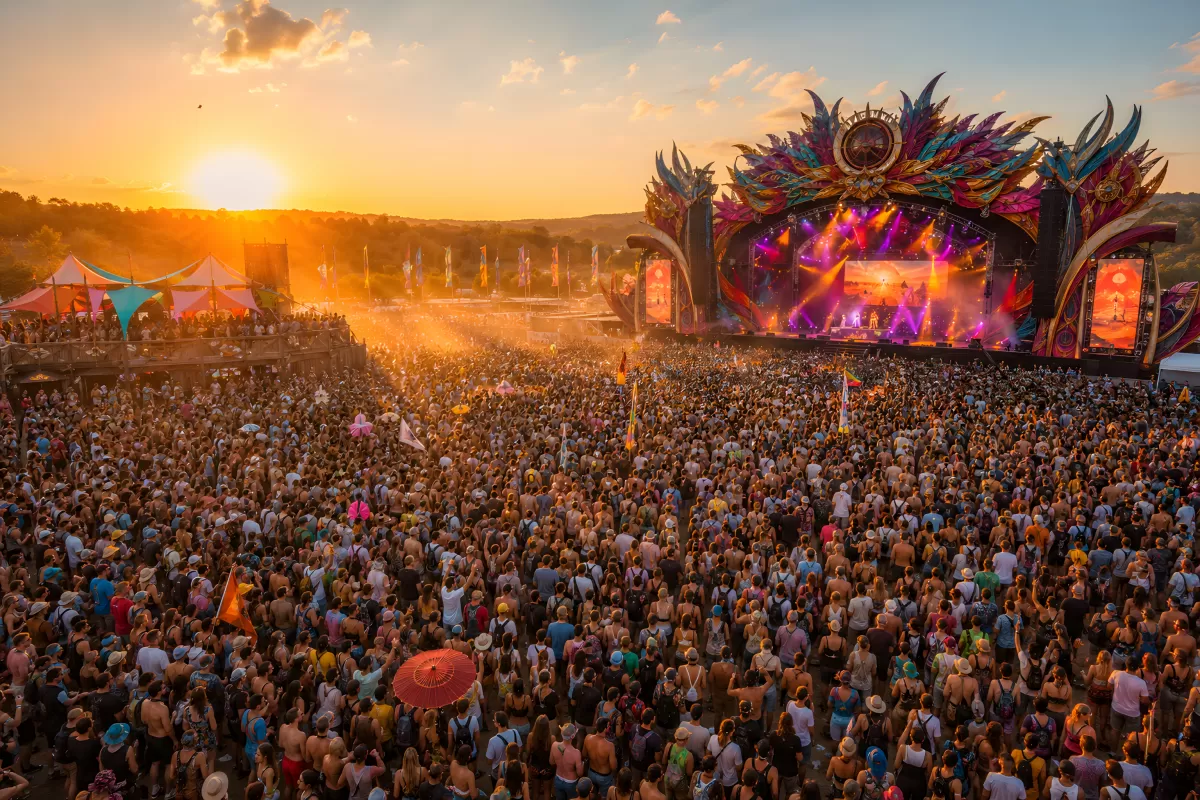 Musikfestival bei Sonnenuntergang mit riesiger Menschenmenge