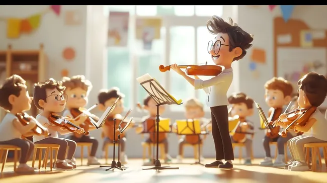 Musiklehrer dirigiert Schülerensemble in Klassenzimmer