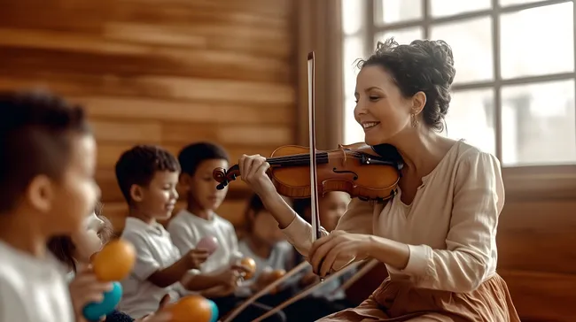Musiklehrerin unterrichtet Schüler in Holzhütte