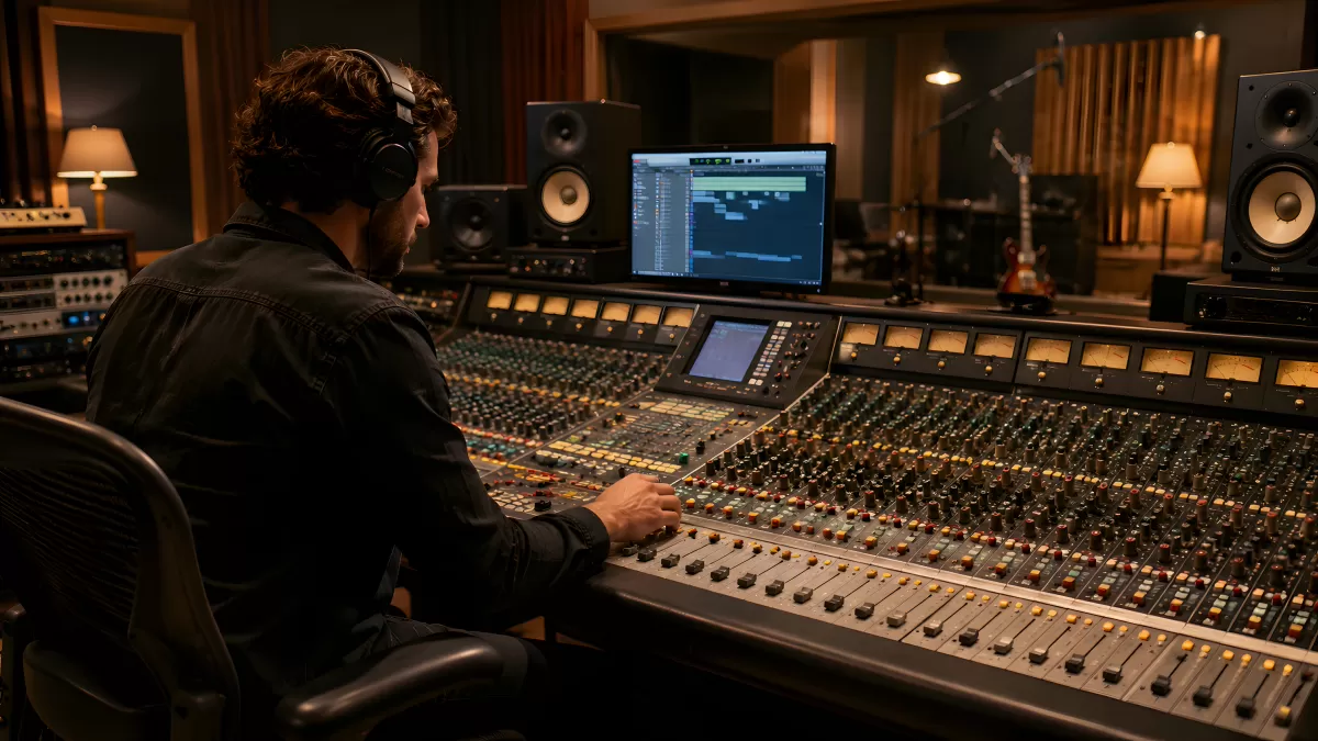 Musikproduzent arbeitet an großem Mischpult im Studio