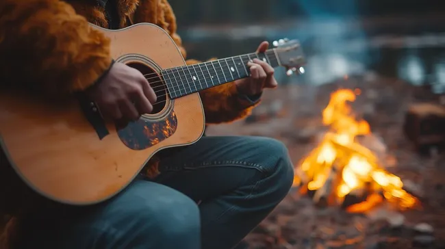 Musizierender Gitarrist am Lagerfeuer bei Sonnenuntergang