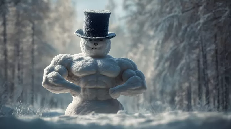 Muskelbepackter Schneemann mit Zylinder im verschneiten Wald