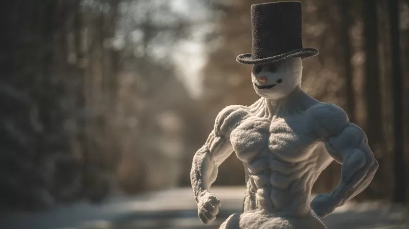 Muskelprotz Schneemann mit Zylinder im Wald bei Sonnenlicht